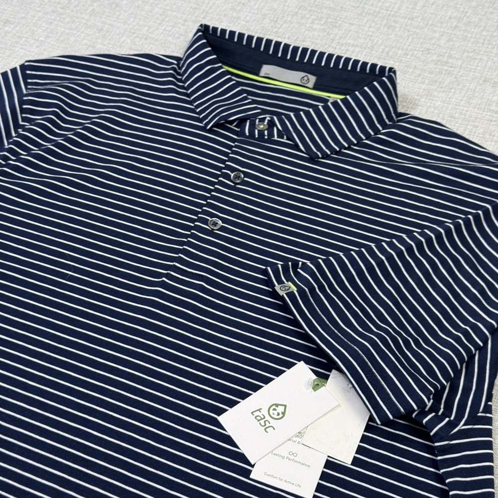 Tasc‎ Polo Shirt Mens XL Blue Striped Modal Polyester Short Sleeve Collared